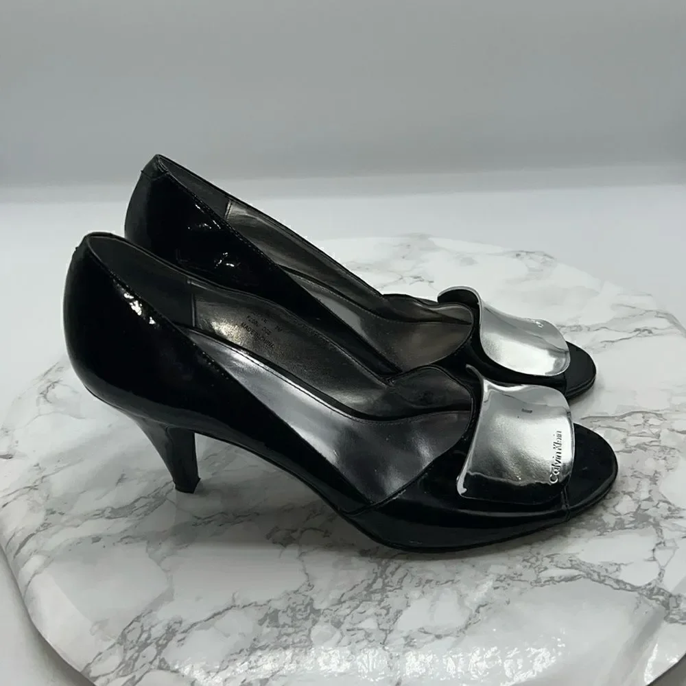 CALVIN KLEIN “Maeve” Black Patent Peep Toe Pump-7M